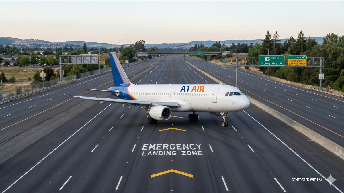 An AI generated image of a large airplane parked on a runway, with a sign indicating an emergency landing zone nearby.