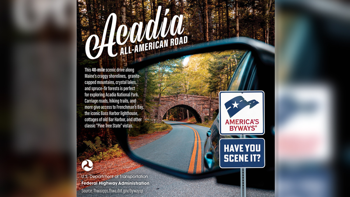 Reflection of the Arcadia All-American Road bridge and scenic road in a vehicle's side-view mirror. A highway sign includes the phrase, Have you seen it? Scene it.