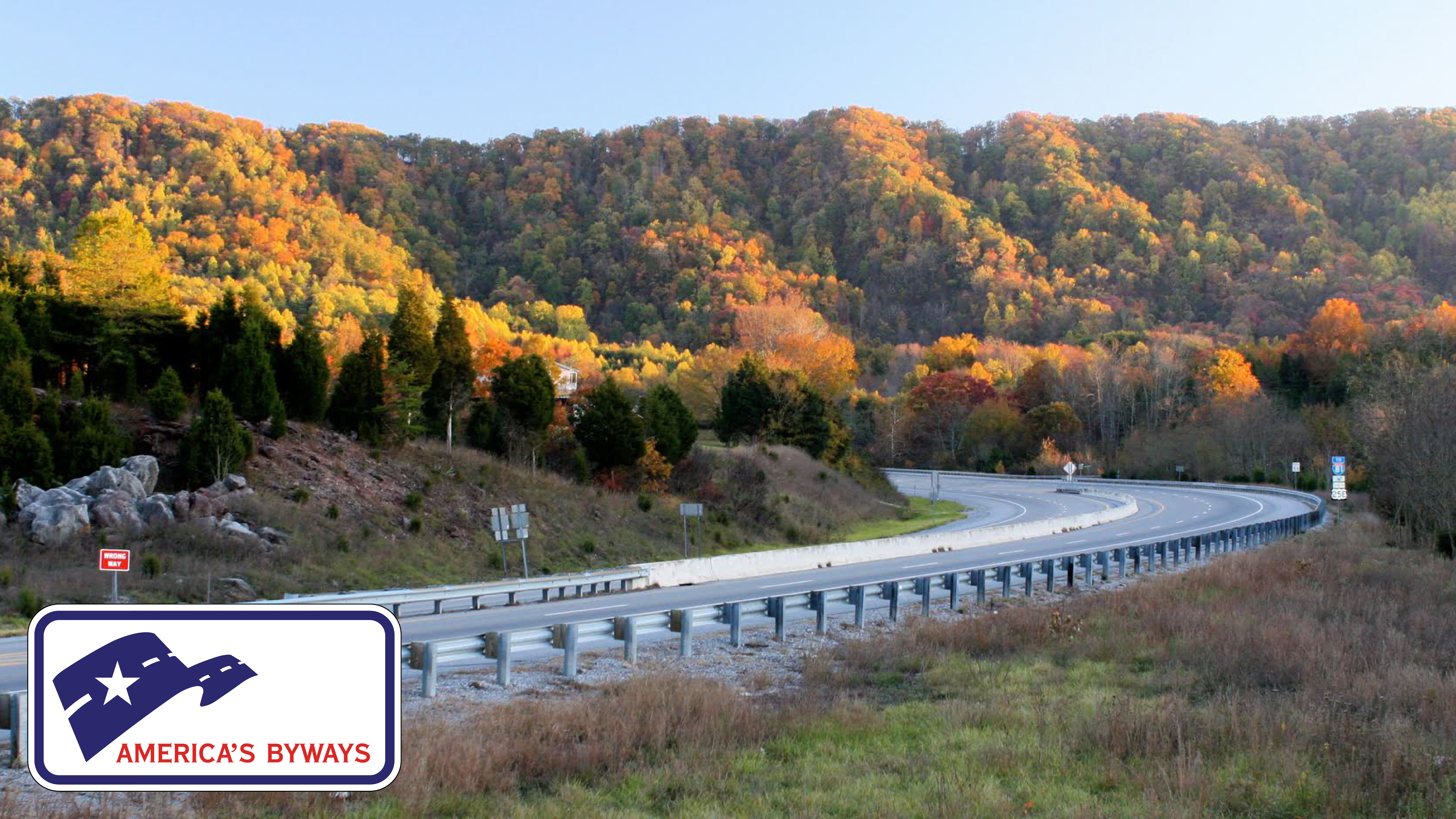 The America's Byways logo shown at the bottom left corner of an image of the East Tennessee Crossing