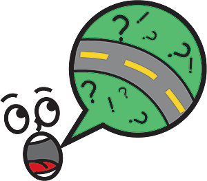 Cartoon of face with dialogue bubble filled with question marks and a section of interstate.