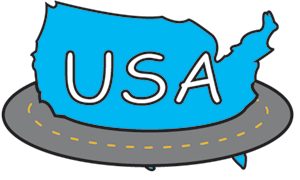 Cartoon United States map resting on a circle of Interstate.