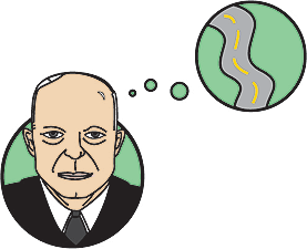 A cartoon of Ike with a thought bubble that contains a section of highway.