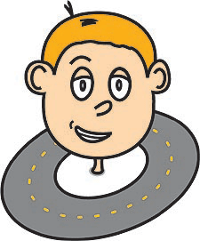 Cartoon of boy's face and circular section of highway.