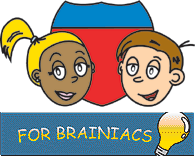 Cartoon of boy, girl, and 50th Interstate Anniversary shield.  Titled 'For Brainiacs.'