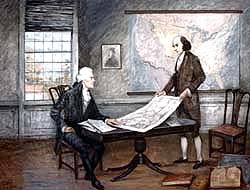 Two men in early American garb examine a large map and other documents.