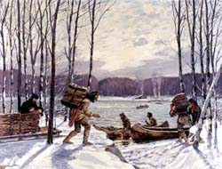 Indians and French trappers exchange pelts on a riverbank.  On the other side of the river is a cabin with smoke rising from its chimney.