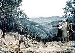 A worker shovels dirt from a roadbed while gentlemen look on.