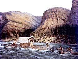 A covered wagon, lashed to  a raft, floats down a swirling river. 