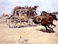 A stagecoach driver whips his horses in an attempt to escape Indians who are  galloping along beside him.