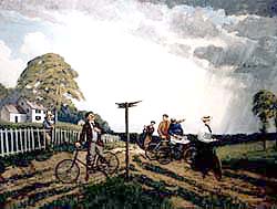 Antique bicycles and their riders are shown on a country road with dark clouds in the sky.