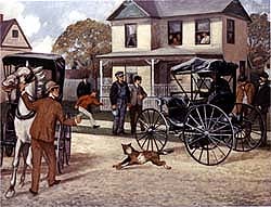 A man tries to calm his horse as an early gasoline-powered car drives by.