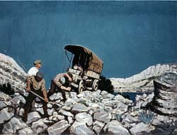 On a steep hill, three men move boulders to clear a path for their truck.