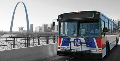 Missouri transportation bus with the Gateway Arch in the background