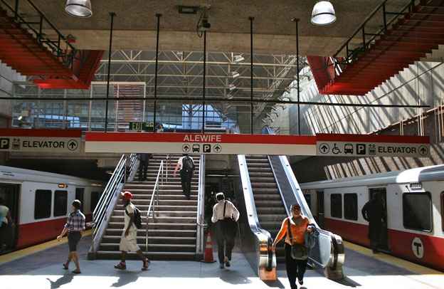 People at a train station in Davis Square, Somerville, Massachusetts