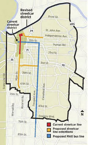 Map showing current and revised streetcar districts