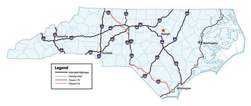 This map shows the state of North Carolina and its interstate highways, as well as the proposed I-73 and I-74 projects.