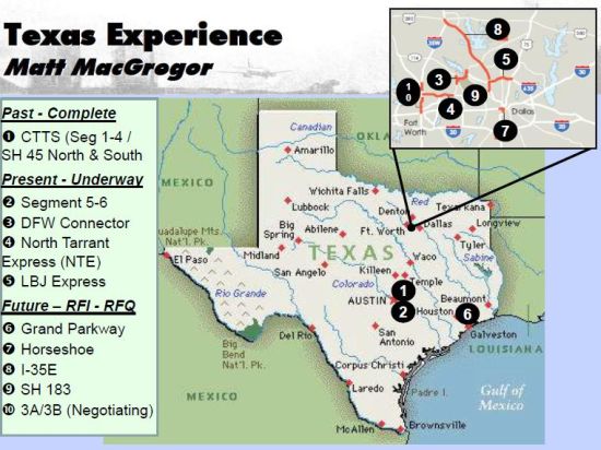 Map of Texas past, present and complete projects