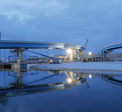 Photo. Night view of a highway overpass.