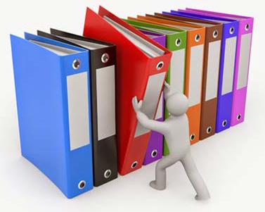depiction of a series of overly large binders
