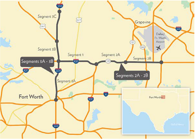 Map shows Fort Worth area, with segments 3A-3B to the left of the map running north-south and segments 2A-2B in the middle of the map running east-west. 