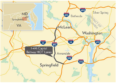 Map shows I-495 Capital Beltway HOT Lanes running along the beltway, just southwest of Washington DC, from McLean in the north, crossing over I-66, to Springfield at I-395 in the south. 