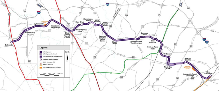 Map shows purple line route, stops, and intersections with Route 355, the Red Line, the Green Line, and the Orange Line. 