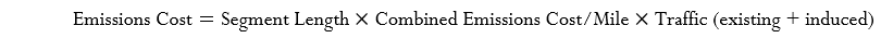 Emissions Cost = Segment Length  x  Combined Emissions Cost/Mile  x  Traffic (existing + induced)