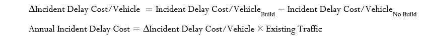 â–³Incident Delay Cost/Vehicle  = Incident  [( Delay Cost/Vehicle  )] / Build  -[( Incident Delay Cost/Vehicle  )]_ / No Build  
 Annual Incident Delay Cost = â–³Incident Delay Cost/Vehicle   x   Existing Traffic