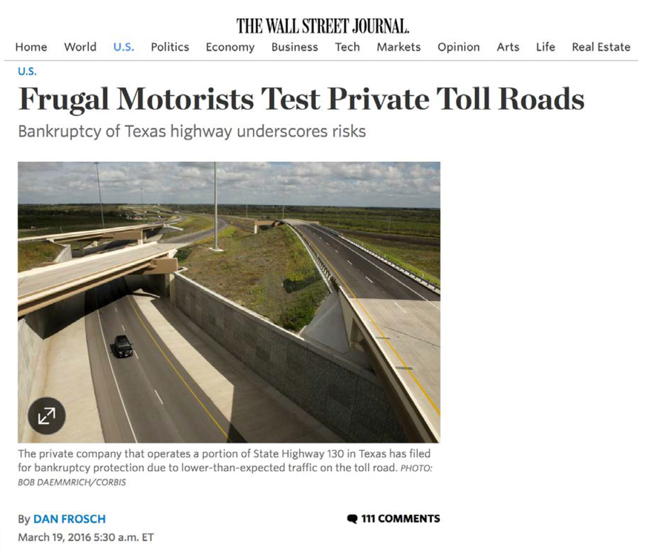 newspaper headline - Frugal Motorists Test Private Toll Roads