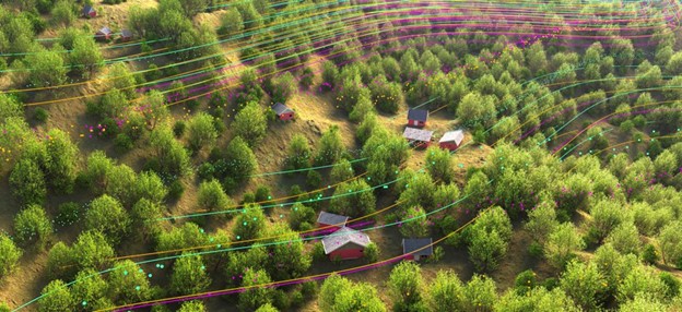 stylized representation of internet data waves flowing over rural homes and forest