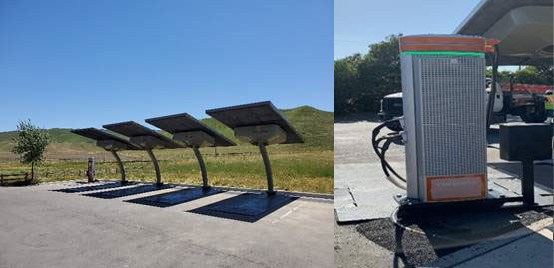solar powered electric vehicle chargers in both elevated angle and ground affixed styles