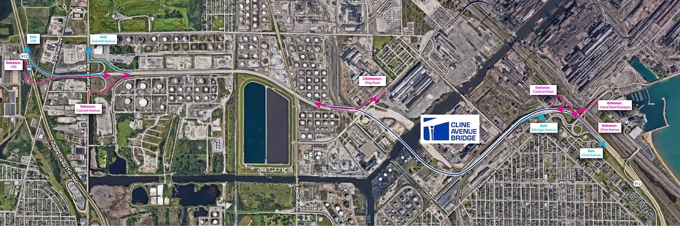 Map view of the bridge on and off ramp locations.