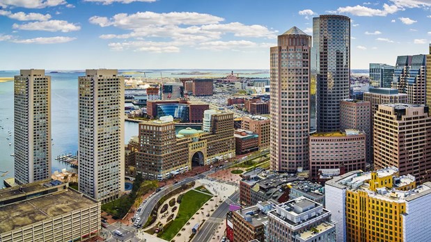 Boston, showing The Greenway (45 parks and  major public plazas) running through the middle of City of Boston.