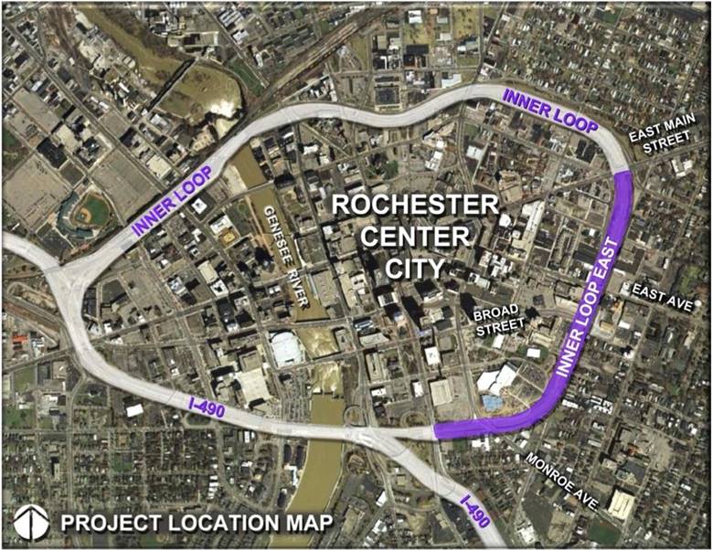 This figure highlights a portion of the Inner Loop project that is on the eastern side of the city of Rochester. The Inner Loop East project is in proximity to Broad Street, East Main Street, East Avenue, and Monroe Avenue. The Inner Loop East project adopted a complete street design and created a two-lane boulevard that completely encircles the city of Rochester. The Inner Loop East Transformation Project converted a sunken section of expressway to the east of downtown Rochester to an at-grade "complete street," that will include bicycle and walking paths.