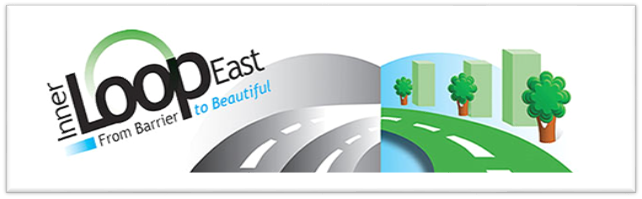 The Inner Loop East logo incorporates two designs. On the left is pictured a plain black-and-white depiction of a two-lane highway. On the right is a newer, more modern depiction of the same highway with vibrant colors, trees, and modern buildings in the background. The Inner Loop East logo has the words "From Barrier to Beautiful."