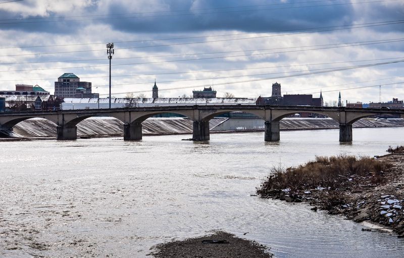 The black Street bridge with multi-span concrete arch bridge over the Great Miami River in Hamilton, Butler County, Ohio