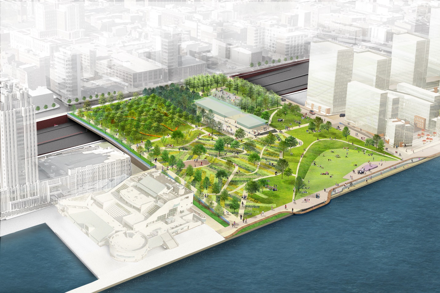 A rendering of the park along the Delaware River.