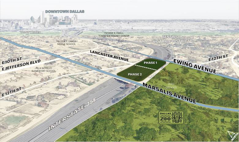 This computer-generated rendition of the Southern Gateway Freeway Cap Park shows the area that is planned for development in relation to the city of Dallas and surrounding communities. The project is in proximity to the Dallas Zoo and will serve as a connection point to the historical area of Oak Cliff. The park will provide green space and recreational areas, while repairing connections that have long been severed by Interstate 35E.