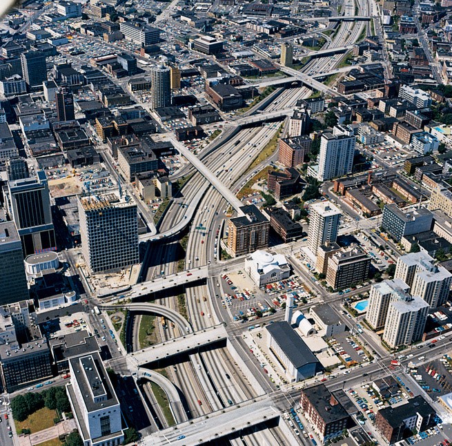 Aerial view of freeway.