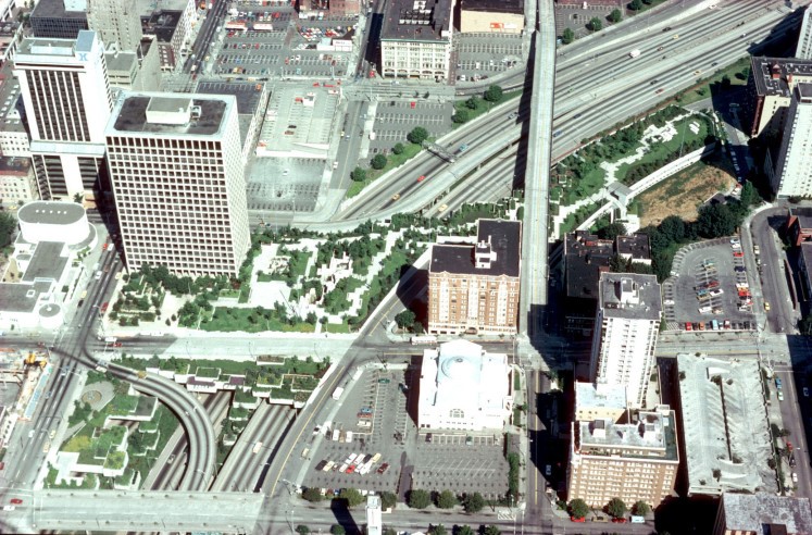 Aerial view of freeway.