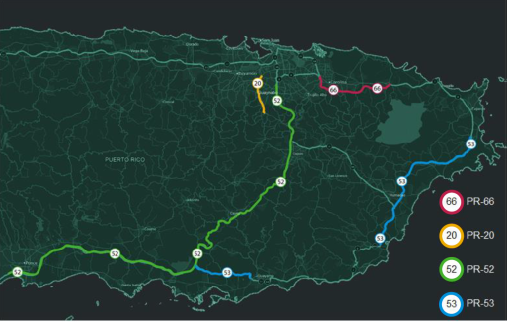 The map provides the location of the Toll Roads: PR-52, PR-53, PR-66, and PR-20  within Puerto Rico