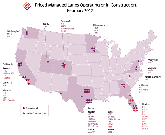 Priced Managed Lanes Operating or in Construction, June 2015
