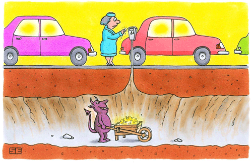 Parking comic - lady putting coins in meter that fall directly down to the devil