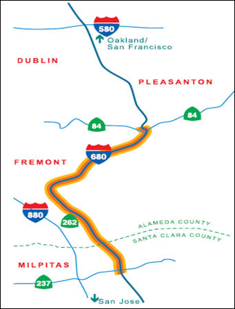 Map showing the HOT Lane roadway