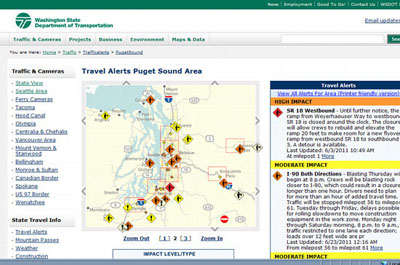 WSDOT website showing travel alerts