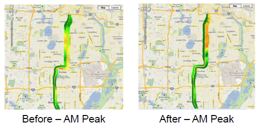 Area maps - Before and After views of the AM Peak traffic period
        