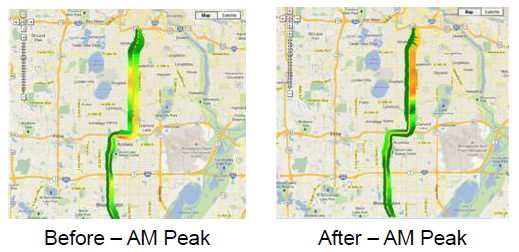 Area maps - Before and After views of the AM Peak traffic period