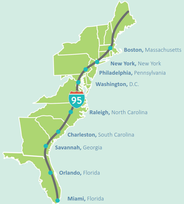 Map showing the Coalition pilot area of Interstate 95 and the major cities it runs through