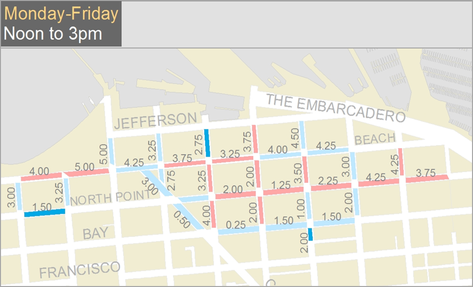 Adjustments map for the San Fransisco area showing different rates for different areas between 12-3pm weekdays