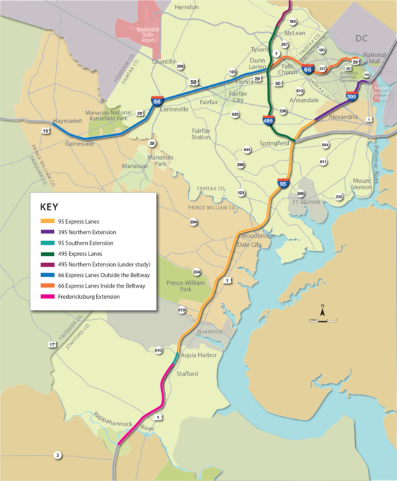Map of Virginia Beltway,
            highlighting toll roads